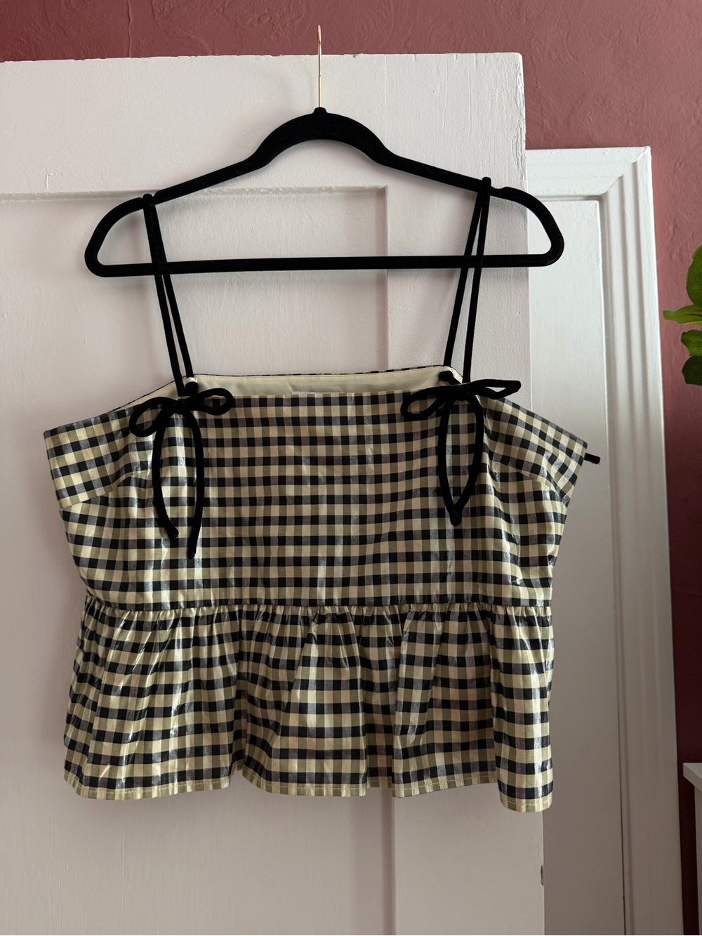 Ganni Black & Cream Gingham Peplum Tie-Strap Camisole
